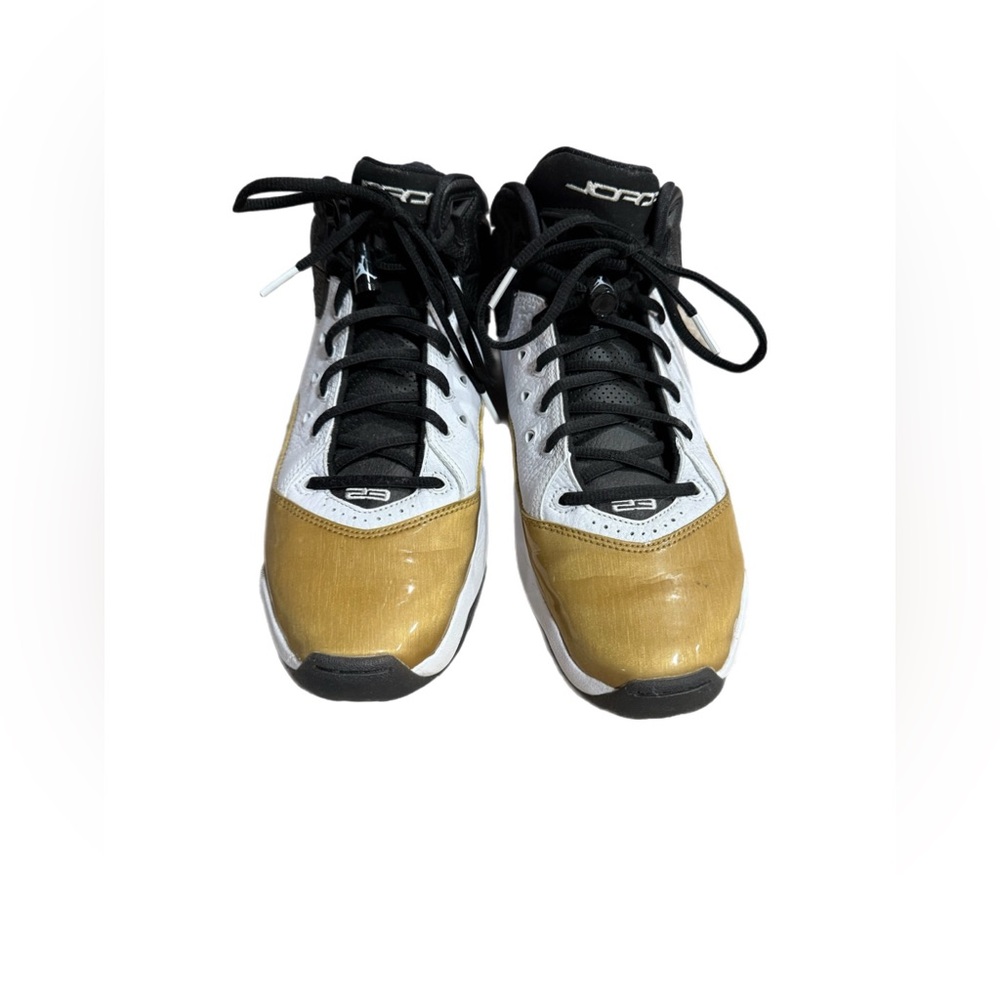 This is a pair of Air Jordan B'Loyal sneakers in the "White Black Gold"